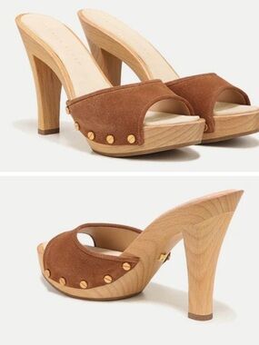 Veronica Beard Layne Suede Slide Clog Sandals Women's Wood Platform Shoes 6m